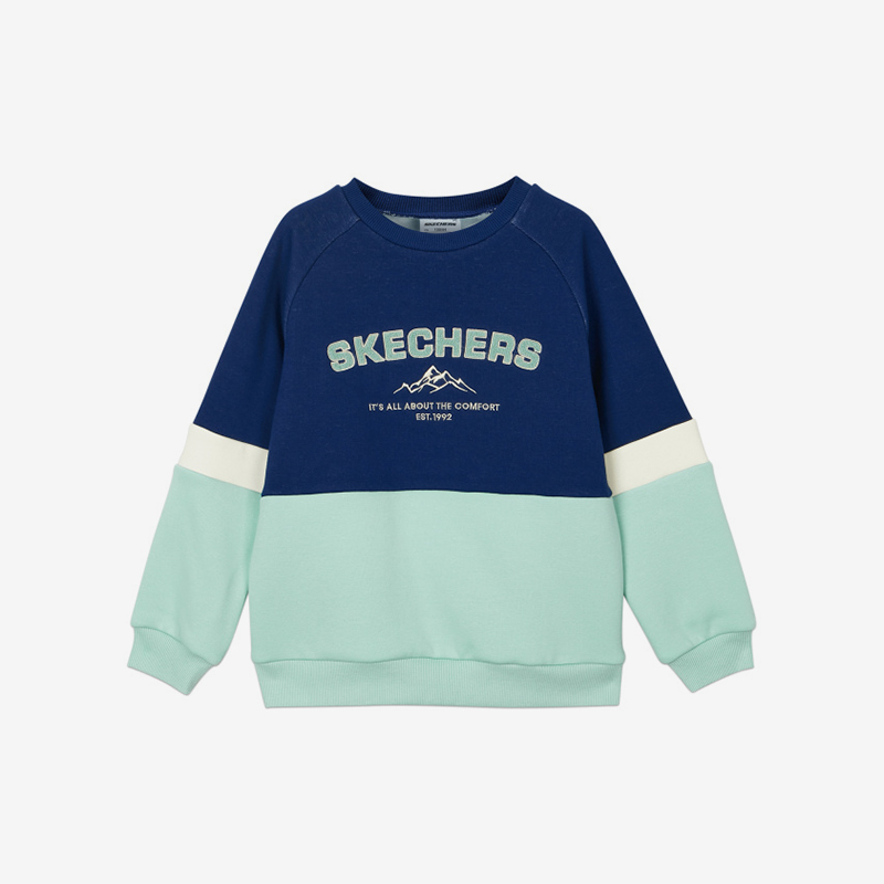 Skechers/斯凯奇正品新款儿童拼色时尚运动针织印花套头卫衣