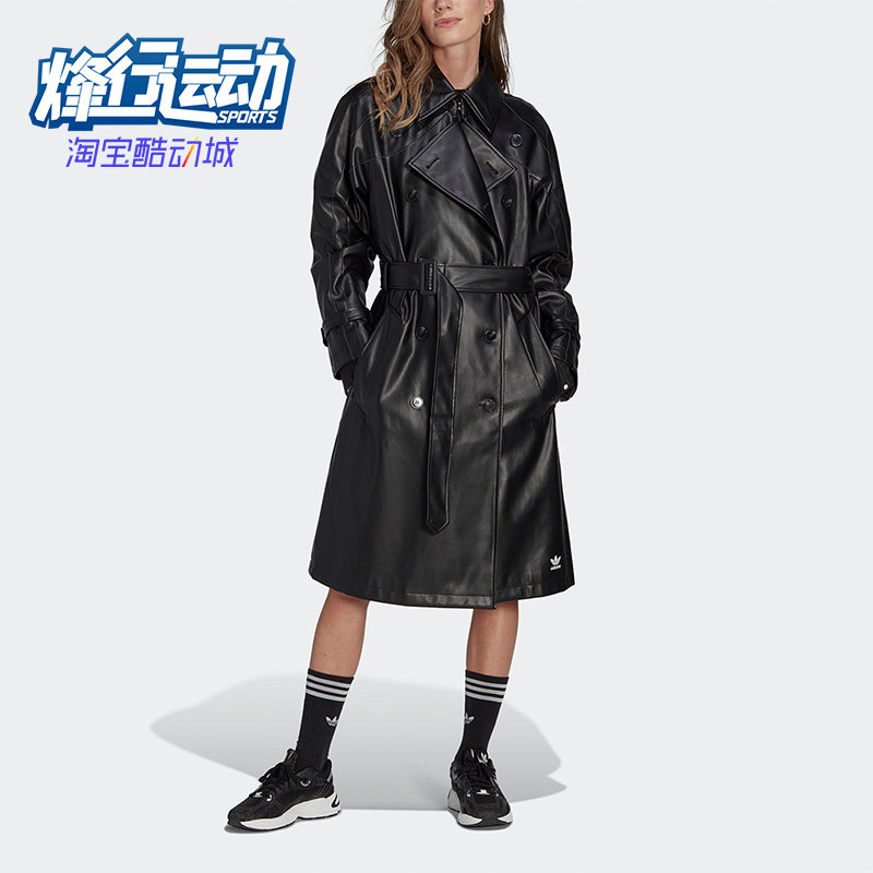 阿迪达斯女子长款皮衣防风夹克