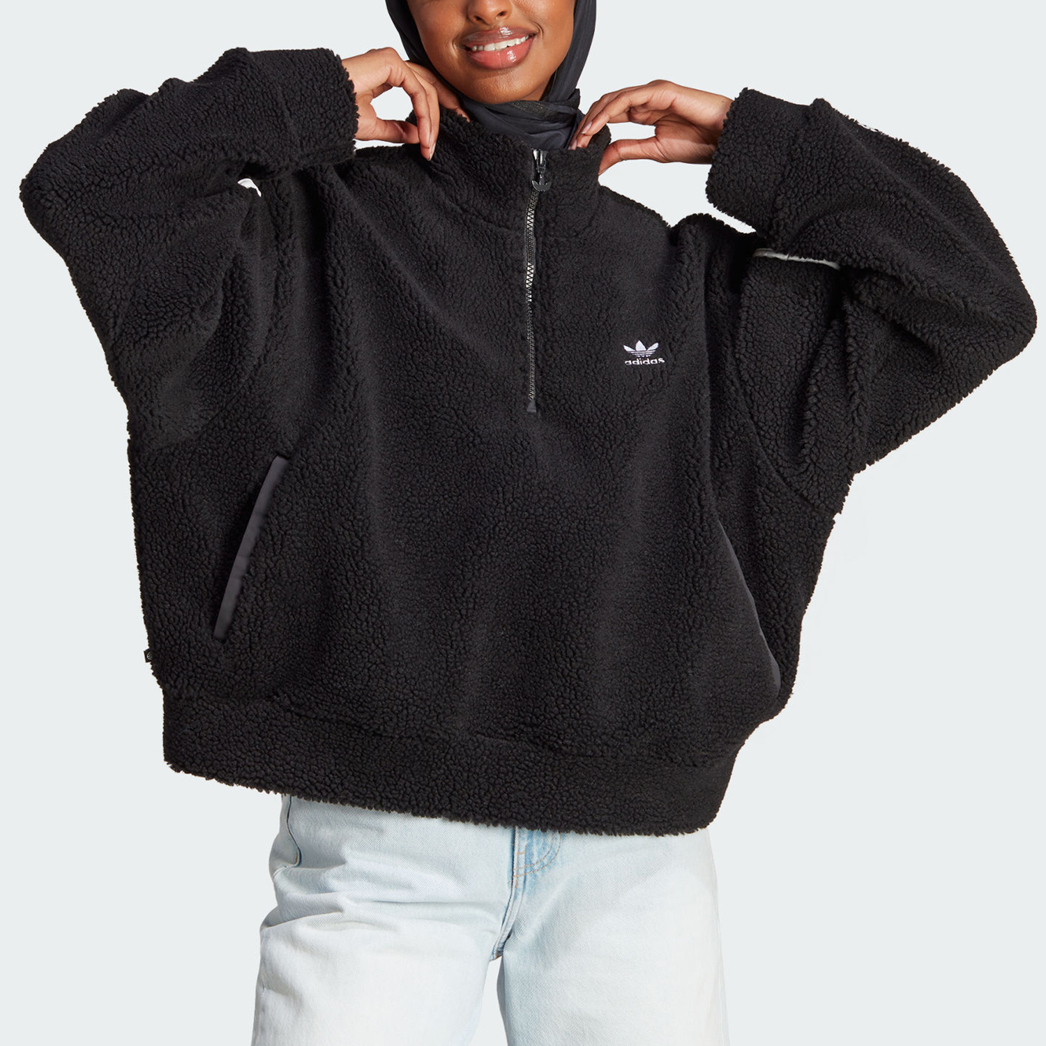 Adidas/阿迪达斯官方正品三叶草女子羊羔绒半拉链套头衫HM2128