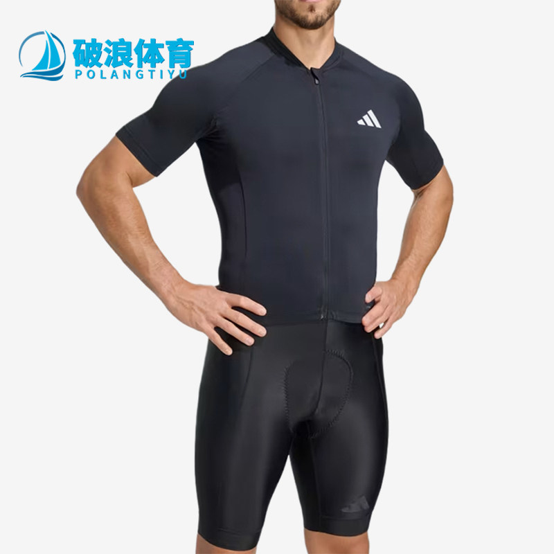 Adidas/阿迪达斯正品短袖拉链口袋男黑色经典休闲骑行服JZ6761