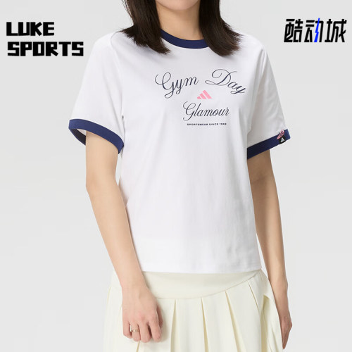 Adidas/阿迪达斯正品VERBIAGE新款女白蓝色撞色经典短袖T恤KB7196