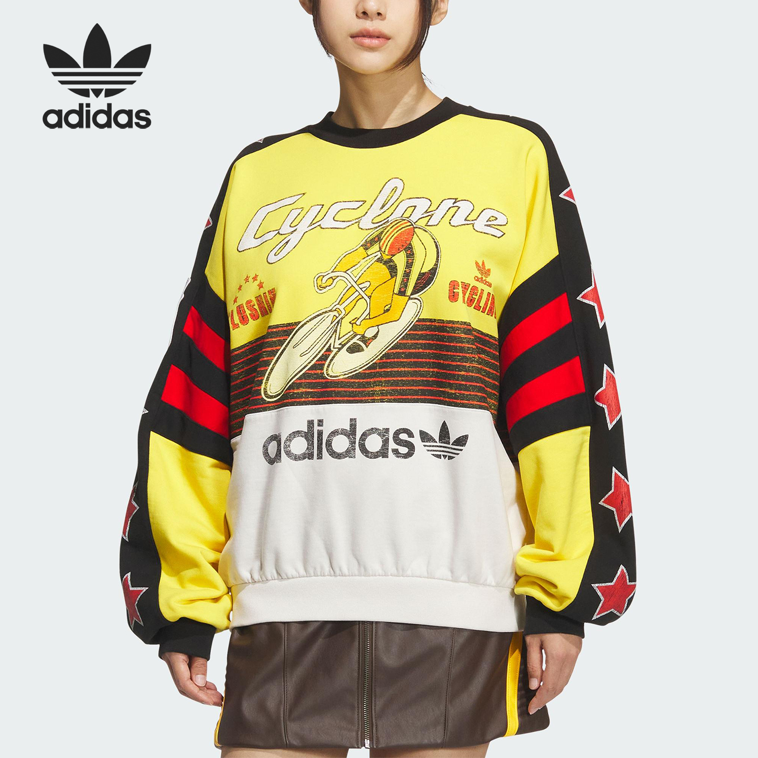 Adidas/阿迪达斯官方正品三叶草男女时尚拼接印花套头衫KG3145