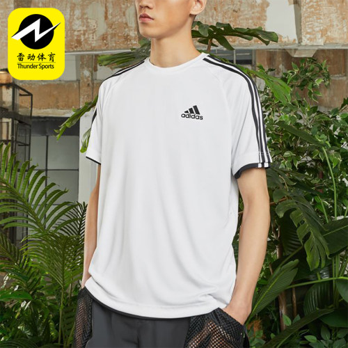 Adidas/阿迪达斯正品夏季男士透气条纹经典圆领运动休闲T恤KU3920