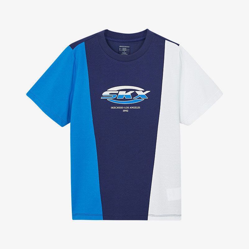 Skechers/斯凯奇正品夏季新款大童时尚针织拼接短袖运动T恤