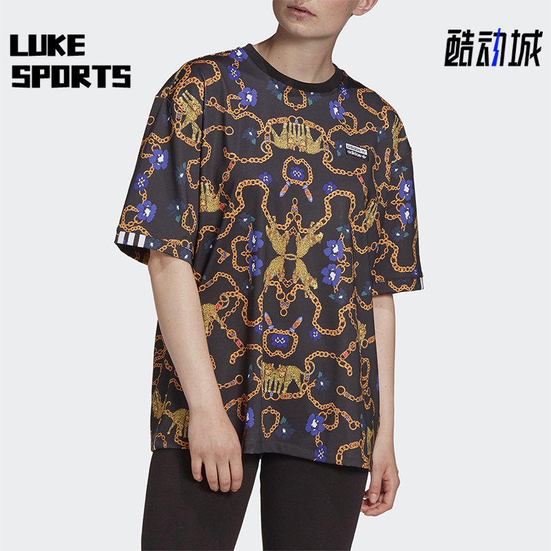 Adidas/阿迪达斯正品三叶草女士透气套头满印印花短袖T恤GD4268