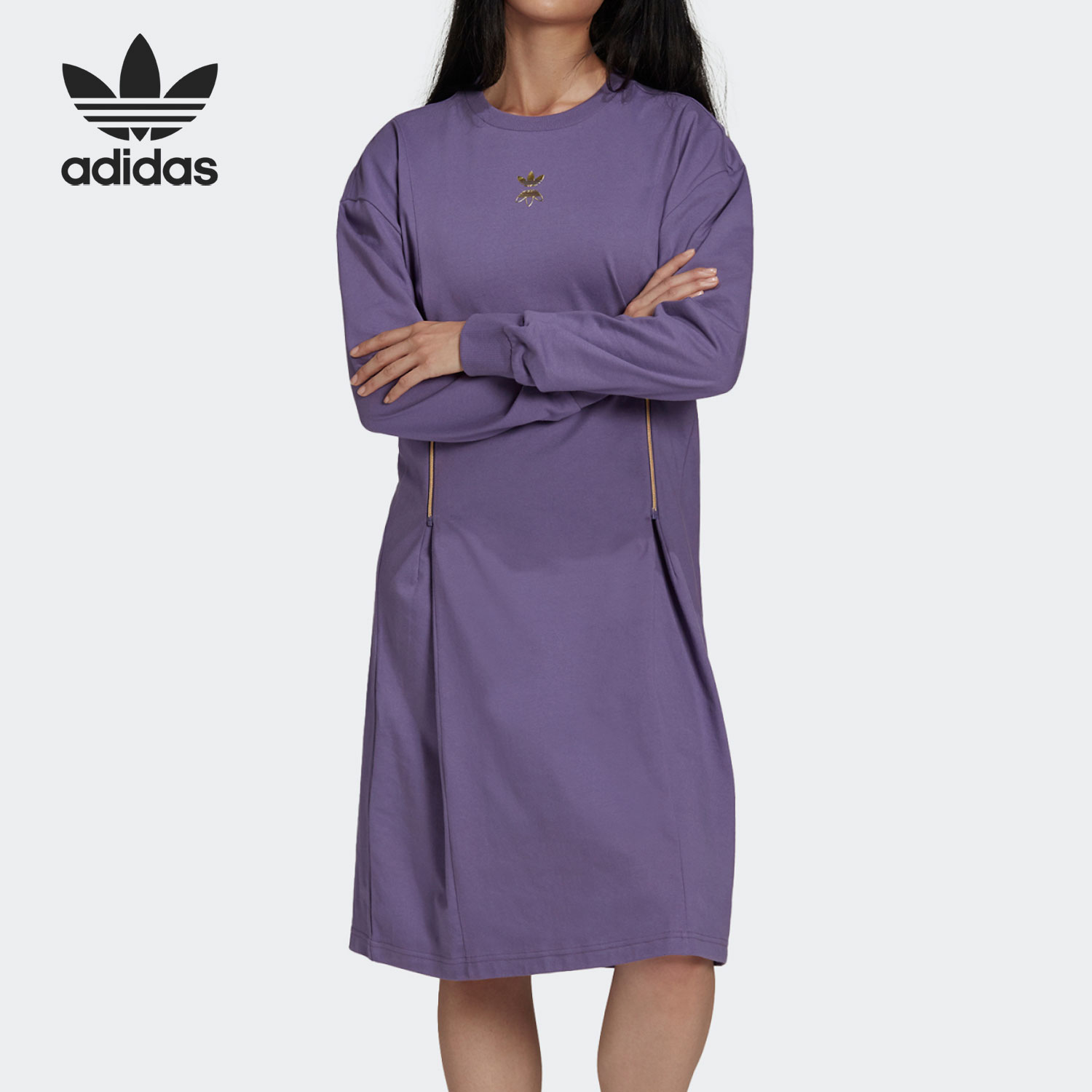 Adidas/阿迪达斯正品三叶草女子拉链收腰长袖连衣裙 HG6659