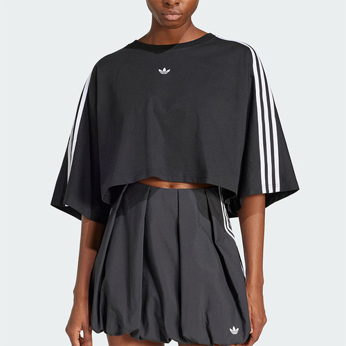 Adidas/阿迪达斯正品三叶草女士休闲经典三条杠针织短款T恤JY8884