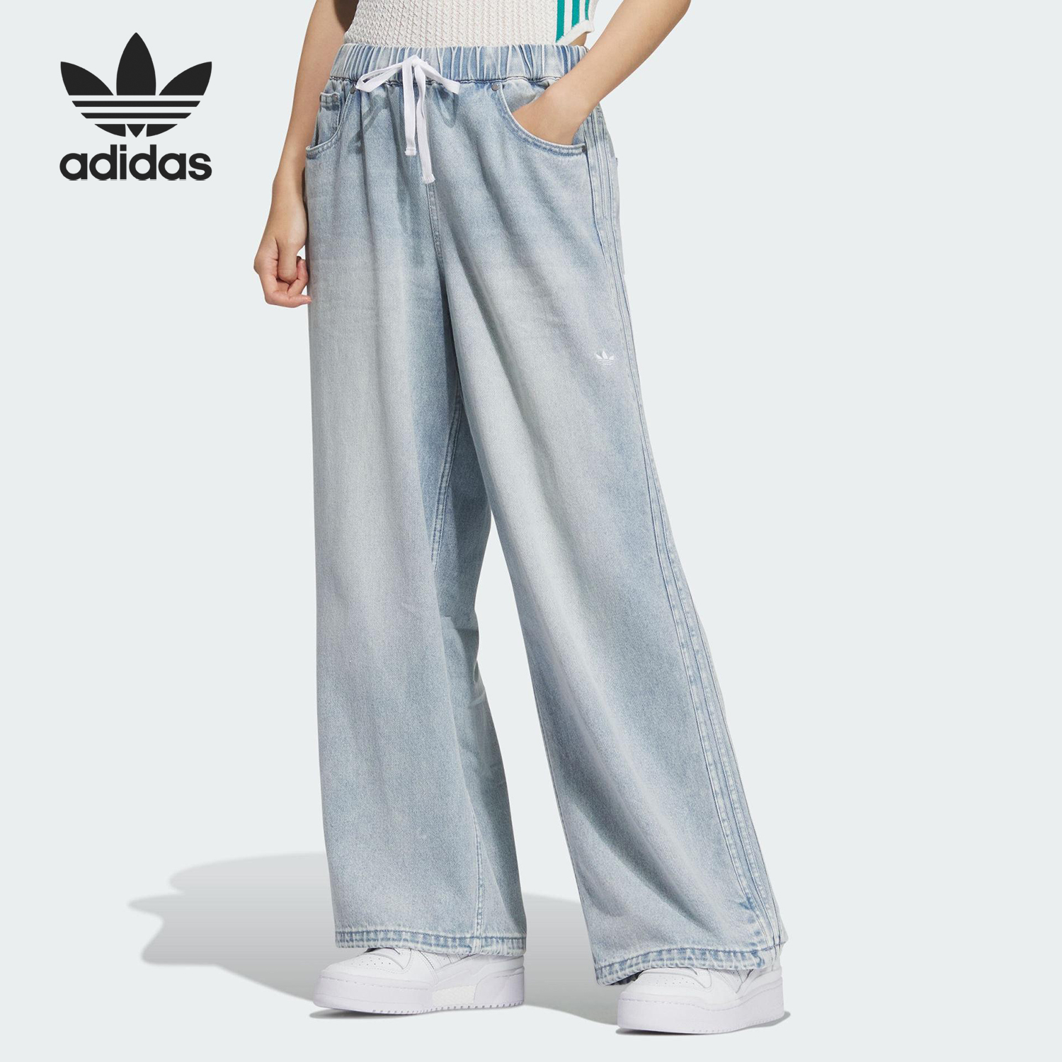 Adidas/阿迪达斯官方正品三叶草女士牛仔布日常运动休闲裤KC5837