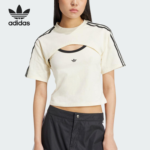 Adidas/阿迪达斯官方正品三叶草女士短款时尚修身透气T恤JJ3090