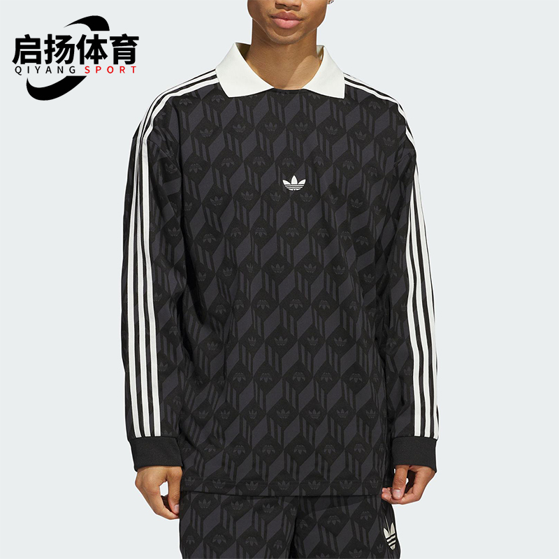 Adidas/阿迪达斯正品三叶草男女同款印花复古翻领长袖T恤JD5196