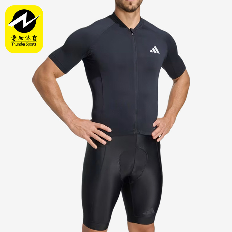 Adidas/阿迪达斯正品短袖拉链口袋男黑色经典休闲骑行服JZ6761