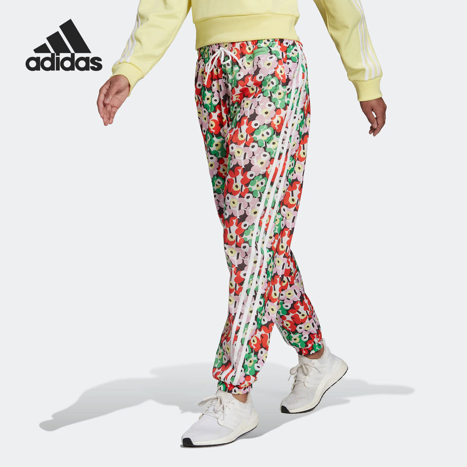 Adidas阿迪达斯正品女印花收脚系带花卉超轻休闲运动长裤HC4190