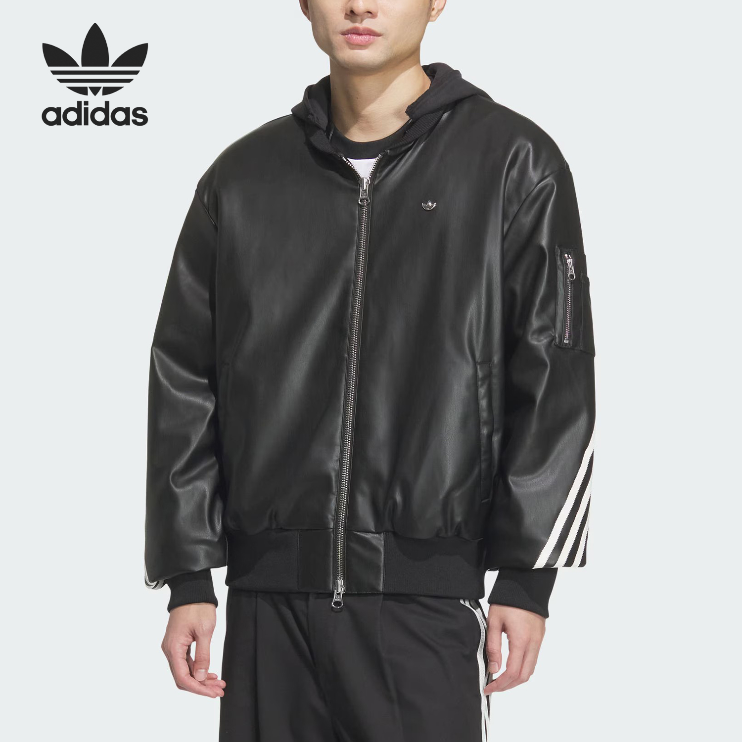 Adidas/阿迪达斯正品三叶草男士仿皮运动时尚连帽外套JL7556