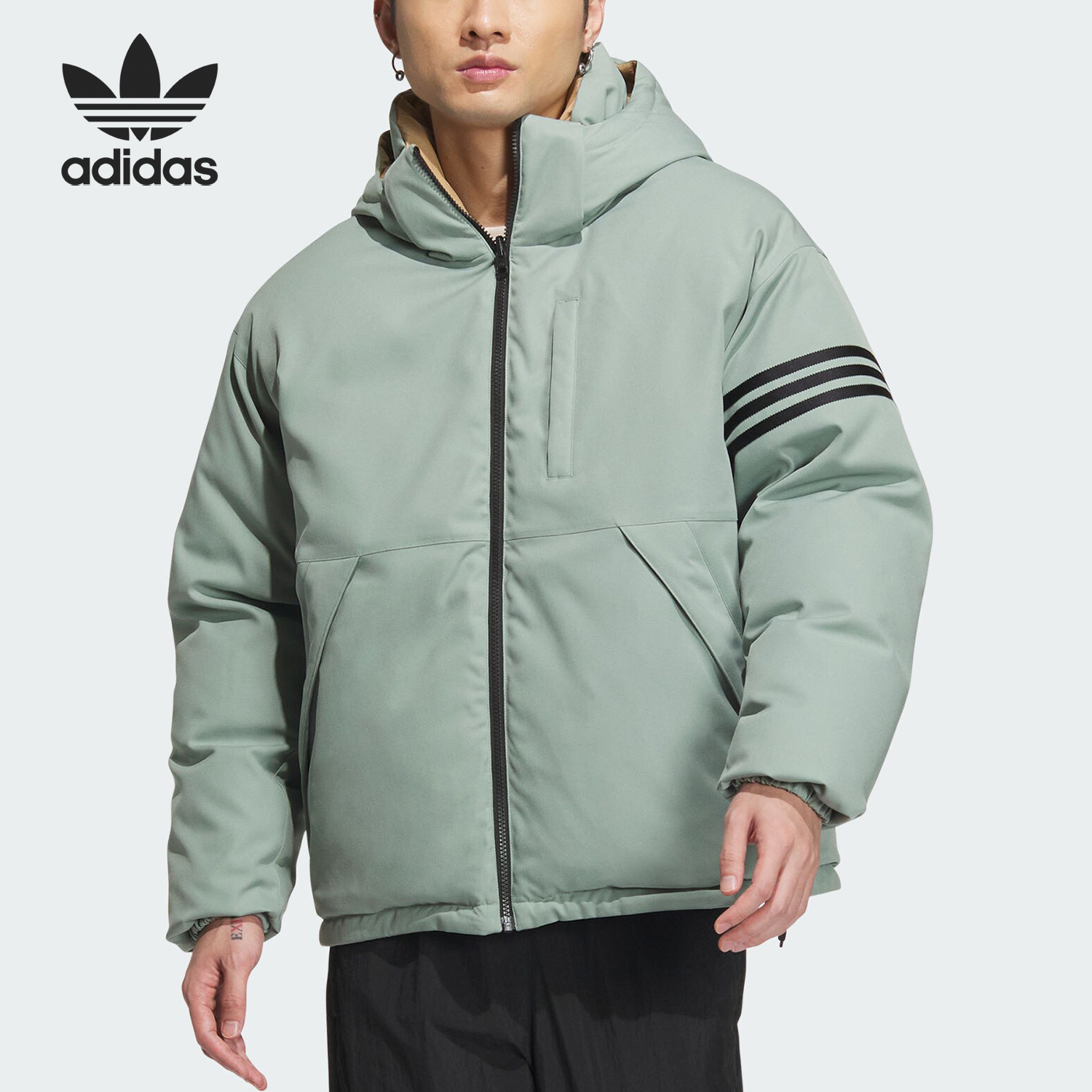 Adidas/阿迪达斯正品三叶草男女同款保暖连帽羽绒服IR7254