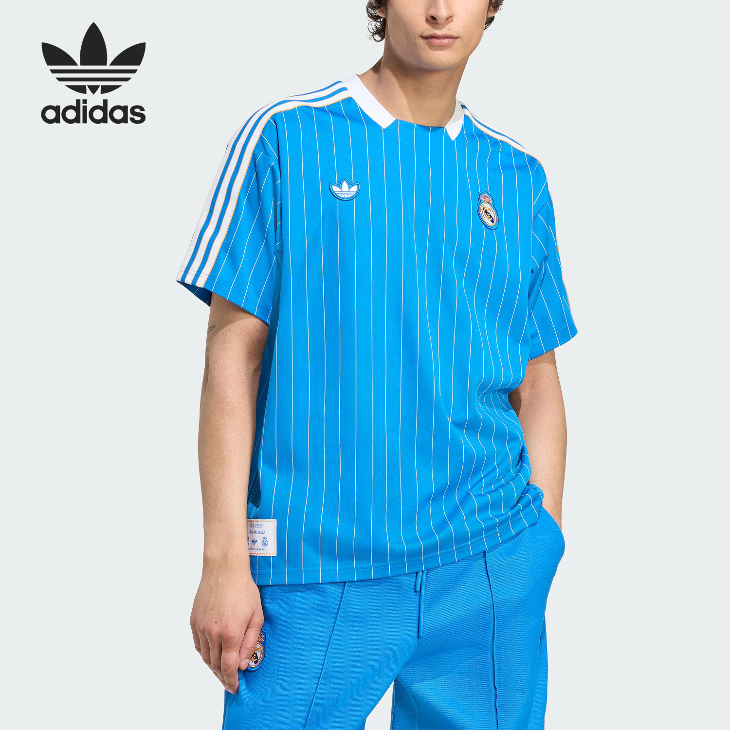 Adidas/阿迪达斯官方正品三叶草男女细条纹足球宽松短袖JN3060