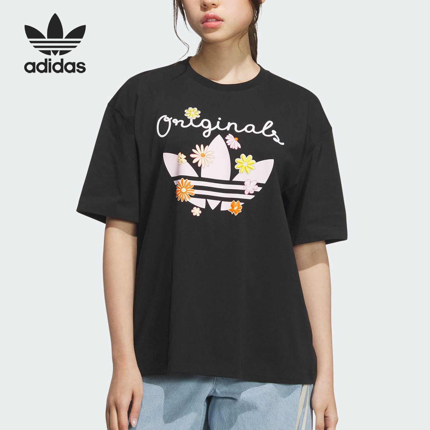 Adidas/阿迪达斯正品三叶草女士花卉印花透气休闲短袖KB8959