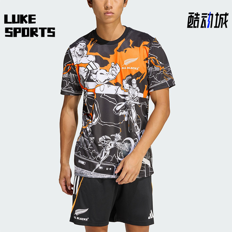Adidas/阿迪达斯正品新款男黑橙色橄榄球跑步经典短袖T恤JV7531
