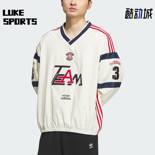 Adidas/阿迪达斯正品三叶草男士拼接宽松梭织V领长袖套头衫KC0112