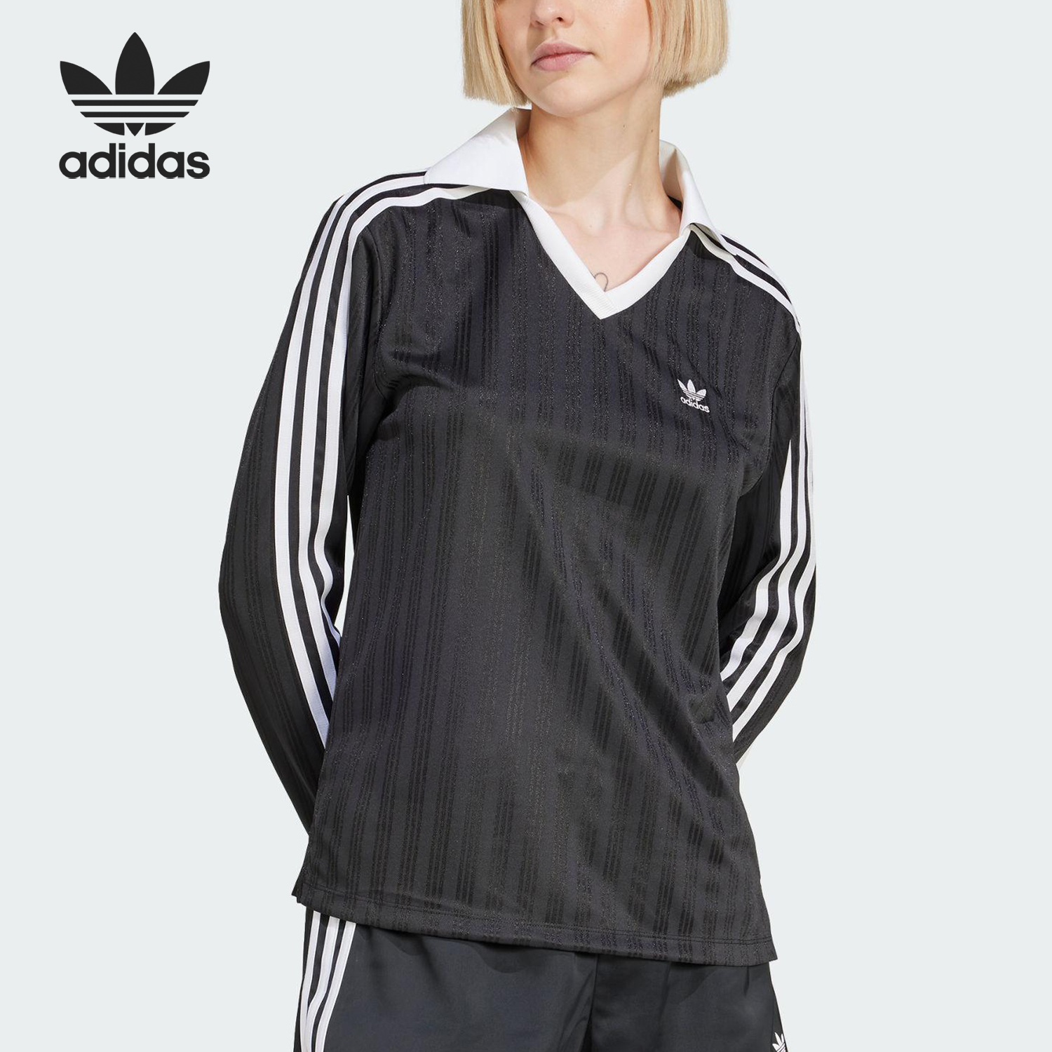 Adidas/阿迪达斯官方正品三叶草女士复古宽松翻领长袖T恤JD2603