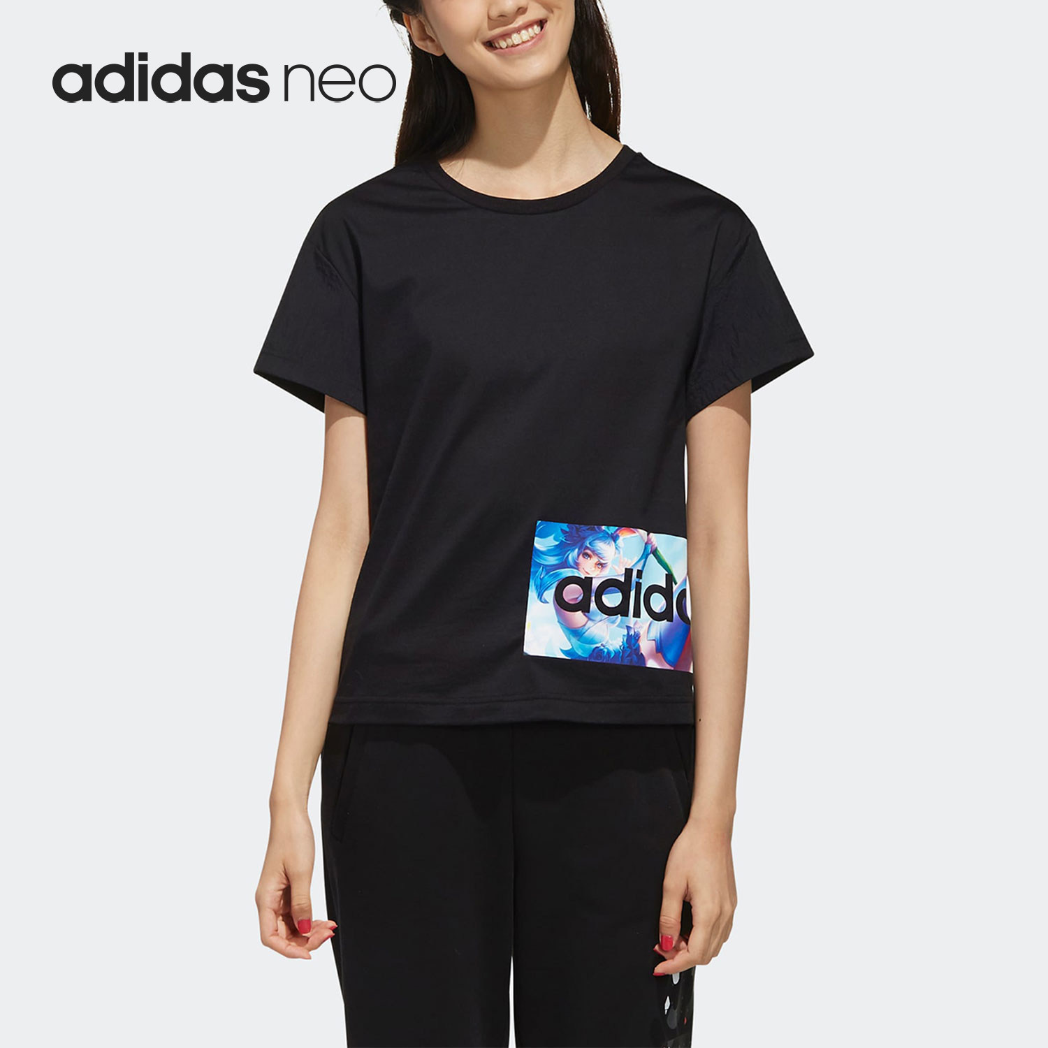 Adidas/阿迪达斯正品女士王者荣耀公孙离短袖落肩袖T恤FR7993