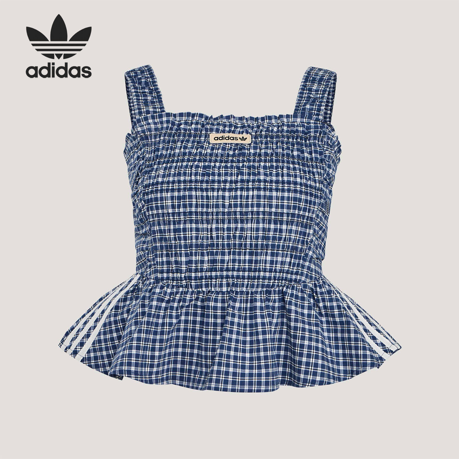 Adidas/阿迪达斯官方正品三叶草女士格纹荷叶边运动背心T恤KX7035