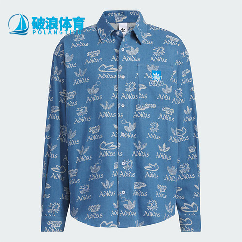 Adidas/阿迪达斯正品三叶草男士宽松翻领满印经典时尚衬衫JN1662