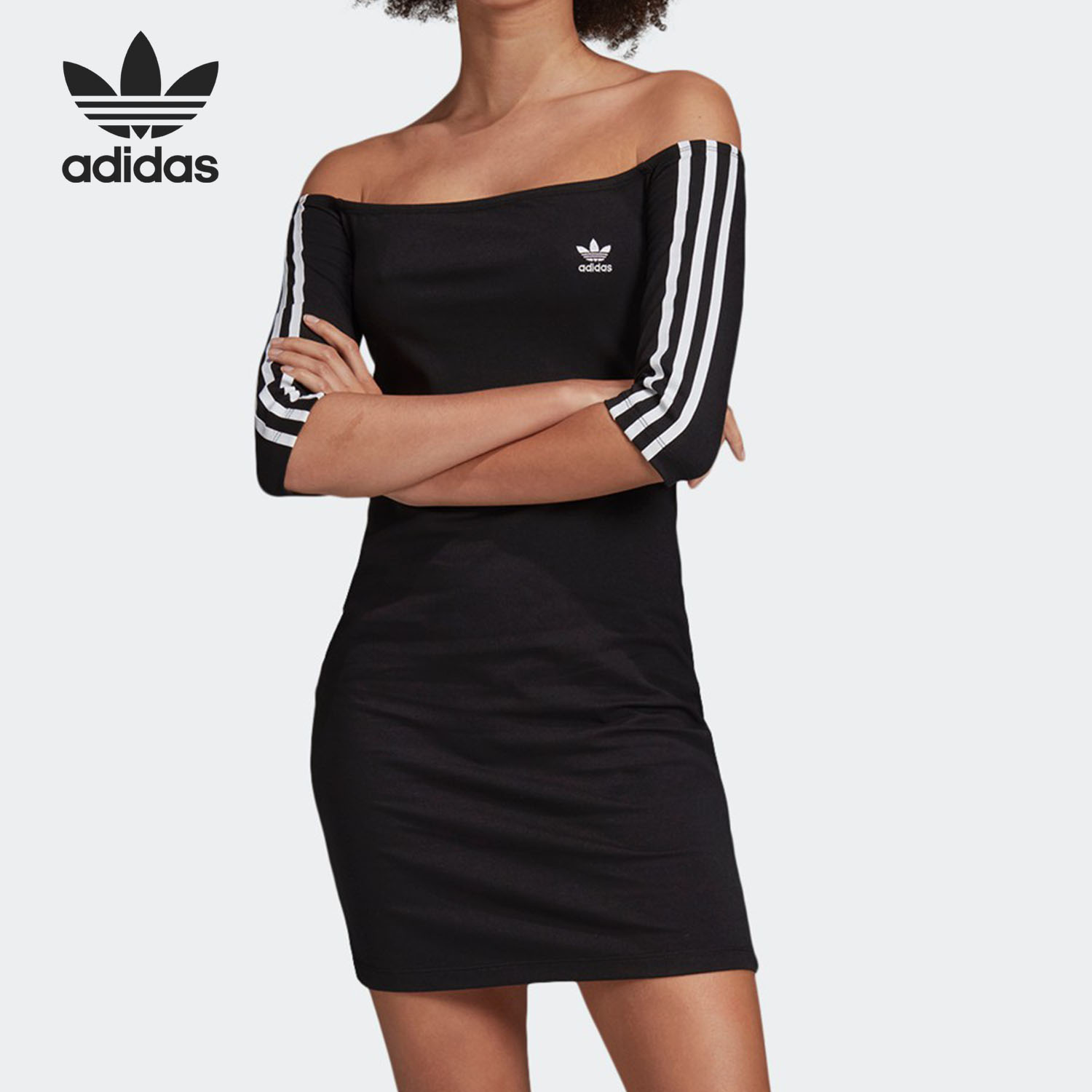 Adidas/阿迪达斯三叶草女子一字肩紧身七分袖运动连衣裙ED7521