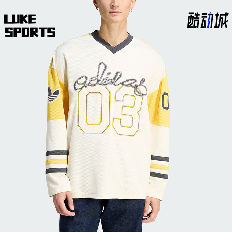 Adidas/阿迪达斯正品三叶草新款男米白黄色经典亲肤长袖T恤KU9188