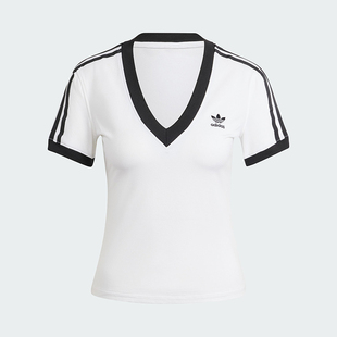 Adidas/阿迪达斯正品三叶草女士条纹V领透气短袖T恤IR8114