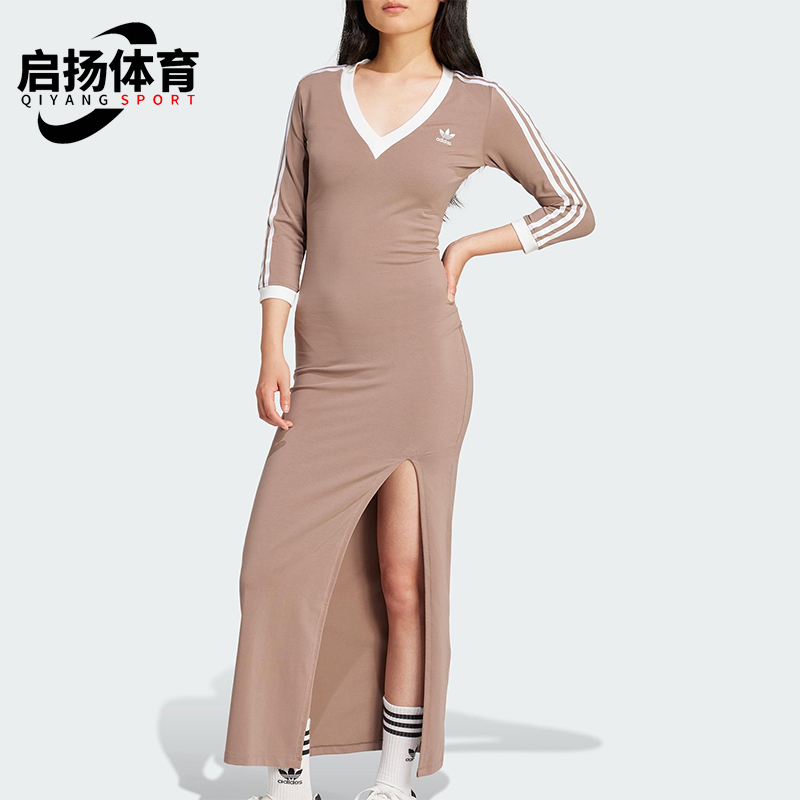 Adidas/阿迪达斯正品三叶草女士经典长款侧开叉V领连身裙JX5193