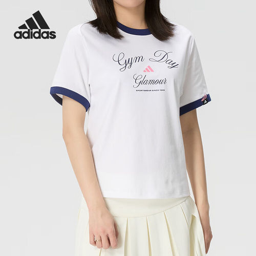 Adidas/阿迪达斯官方正品VERBIAGE新款女白蓝色撞色短袖T恤KB7196