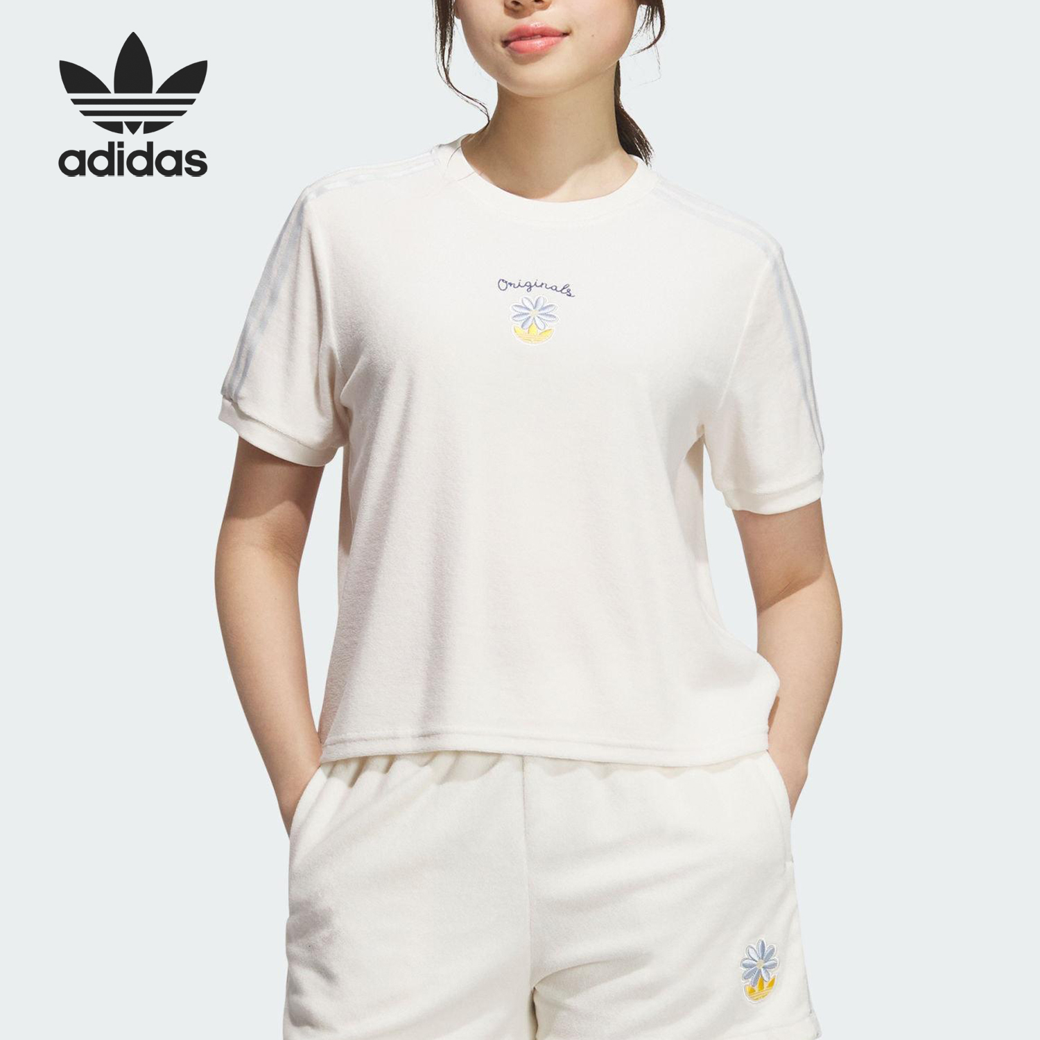 Adidas/阿迪达斯官方正品三叶草女士印花短款透气针织短袖KB8960