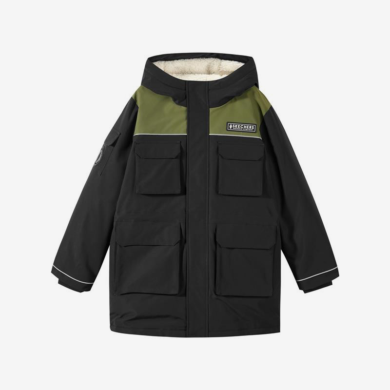 Skechers/斯凯奇正品新款儿童潮流休闲保暖中长款连帽羽绒服