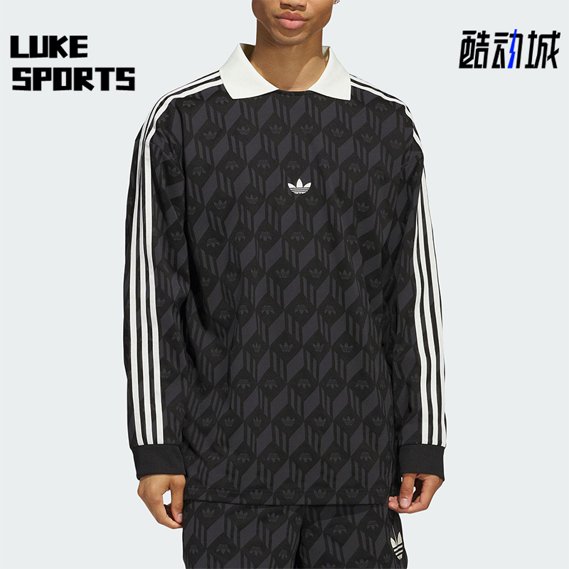 Adidas/阿迪达斯正品三叶草男女同款印花复古翻领长袖T恤JD5196