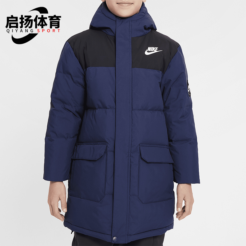 耐克大童拼接宽松保暖连帽羽绒服
