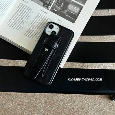 韩国小众高级黑色皮质腕带手机壳