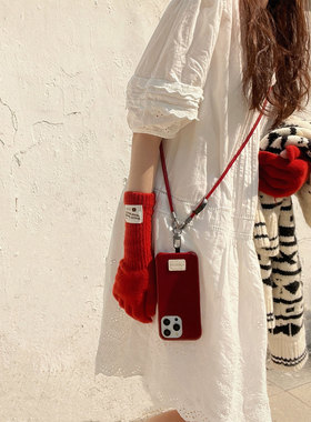 iphone16pro小众皮质15max新年红色手机壳12苹果13斜挎挂绳14适用新款全包防摔软壳韩国高级感17简约保护套