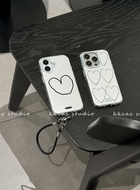 iphone15promax小众银色高级感简约爱心14max黑色挂绳手机壳12苹果16适用新款全包防摔13韩国ins保护套白色17