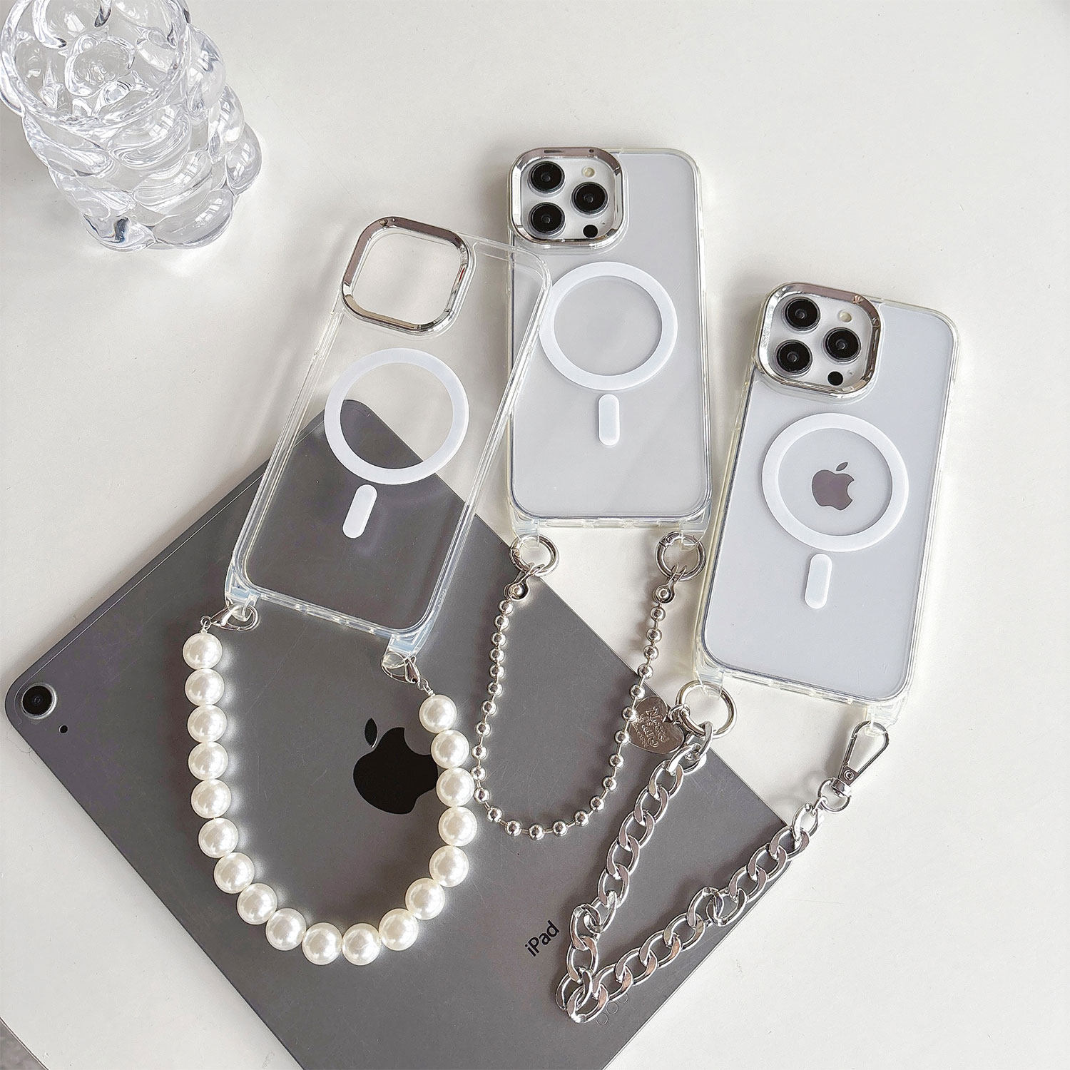 iphone15pro小众高级感简约磁吸腕带挂绳手提珍珠链条16max手机壳14适用苹果13新款透明防摔17保护套12支架11