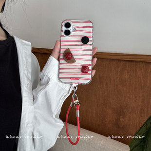 iphone15pro复古高级感红色条纹立体宝石14皮质手提红绳17promax手机壳12苹果16适用新款防摔13韩国ins保护套