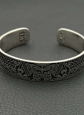 s925纯银高级感复古玛雅图腾宽版手镯男小众做旧嘻哈风气质经典款