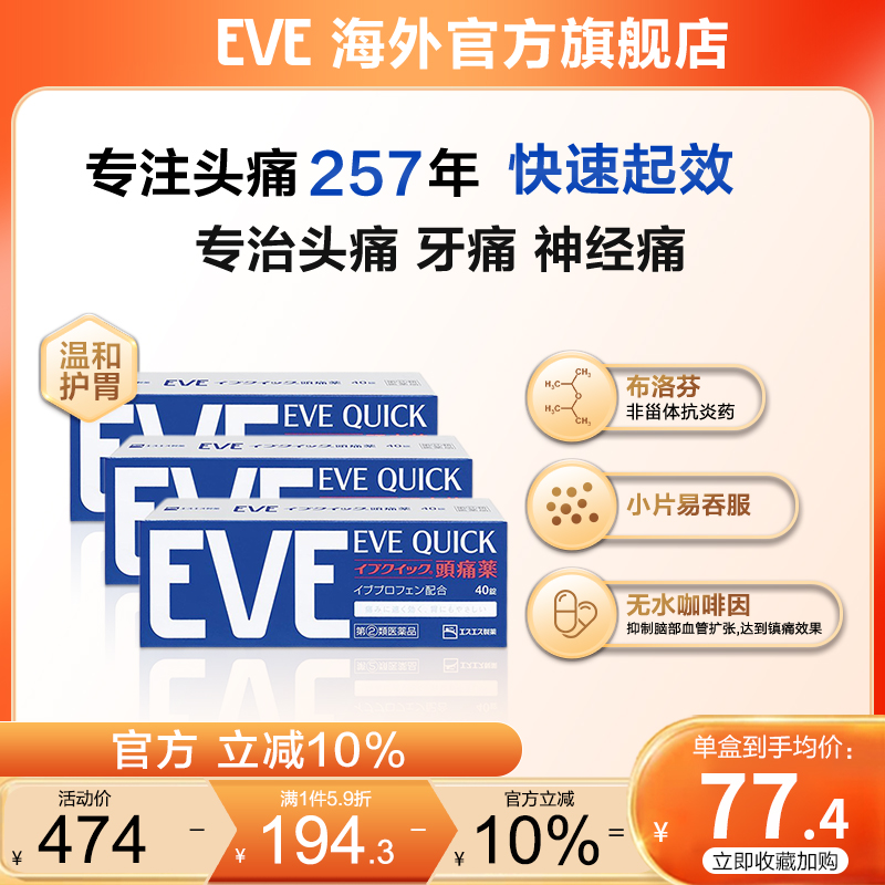 白兔eve止疼药喉咙痛牙痛药头疼止痛药布洛芬痛经退烧药40片*3盒
