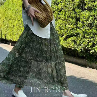 甜甜26年夏上新轻奢印花压褶设计感中长款雪纺纱半身裙7851