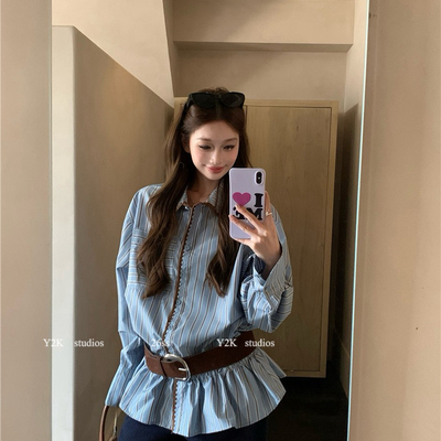 甜小众设计撞色条纹休闲宽松衬衫L8573