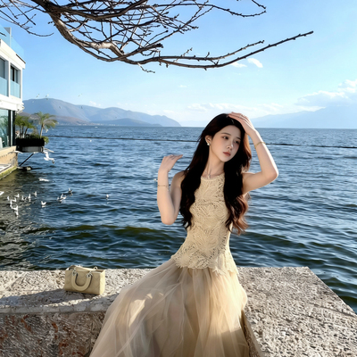 甜甜轻奢夏上新优雅气质通花蕾丝小衫+背心+半身裙套装34098