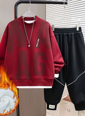 童装2024秋冬新款儿童字母加绒卫衣韩版百搭男童红色卫衣加厚潮