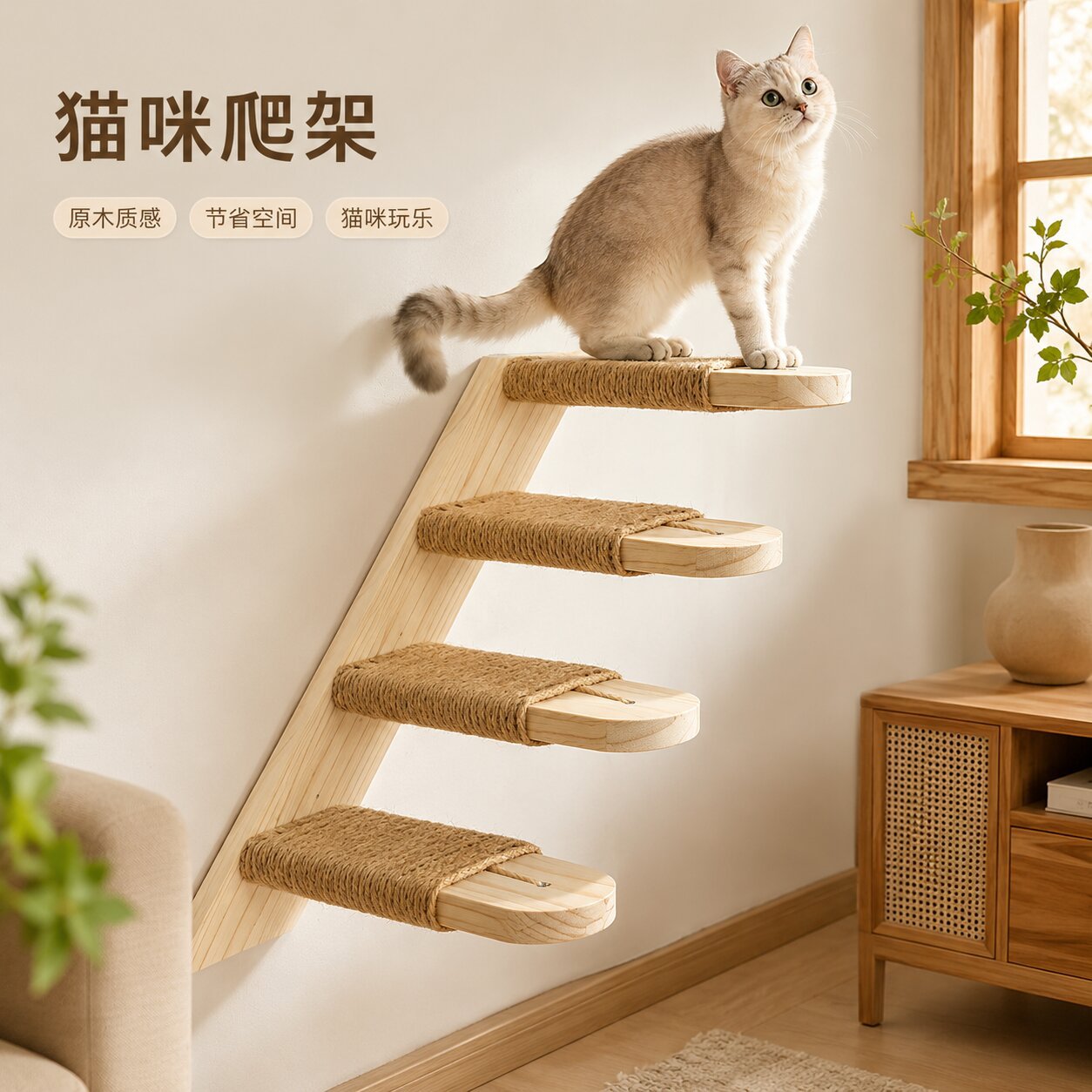全实木墙壁式猫爬架省空间图片