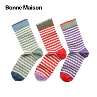 Bonne Maison法国进口设计师BM潮袜ins网红彩色条纹袜子中筒棉袜