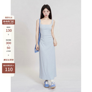 新款 一颗小野莓蓝色连衣裙女夏季 吊带裙长裙收腰方领气质修身 裙子
