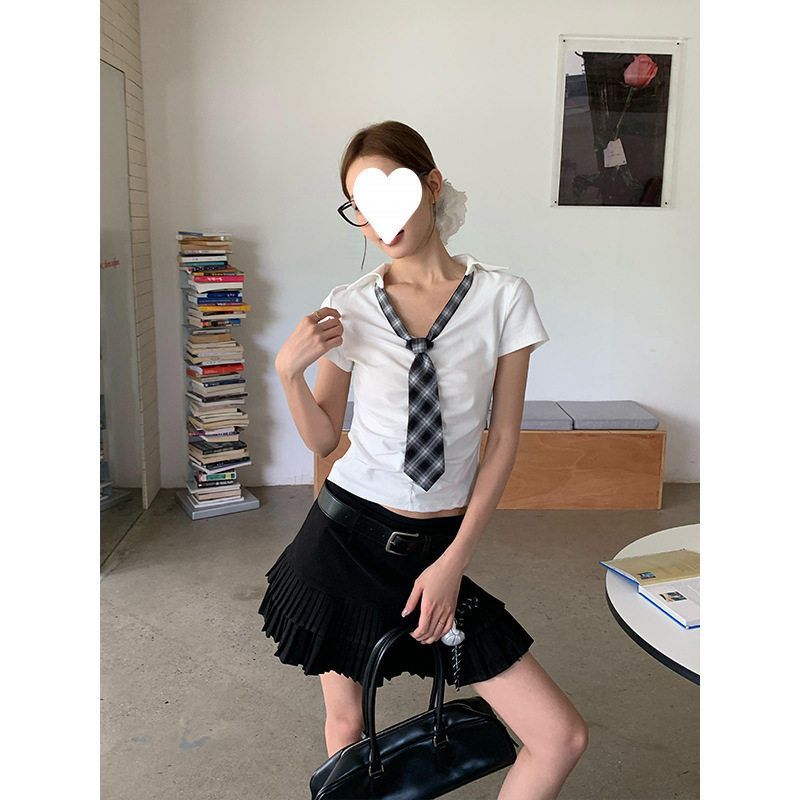 2025白色polo领带假两件短袖T恤女夏季美式学院风甜辣修身上衣